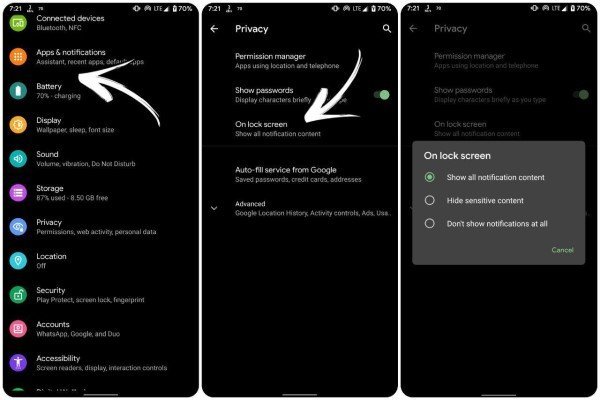 hide text messages on lock screen android